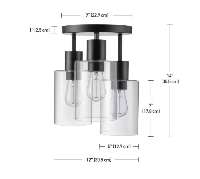 Hampton Bay Sutton Place 14 in. 3-Light Matte Black Flush Mount, Farmhouse Ceiling Light