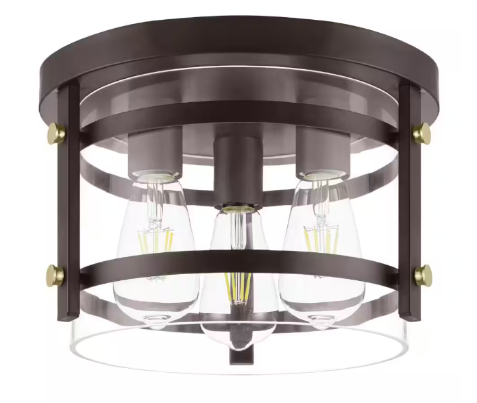 Hampton Bay Huxley 11.9 in. 3-Light Dark Bronze Flush Mount Ceiling Light with Clear Glass Shade