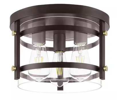 Hampton Bay Huxley 11.9 in. 3-Light Dark Bronze Flush Mount Ceiling Light with Clear Glass Shade