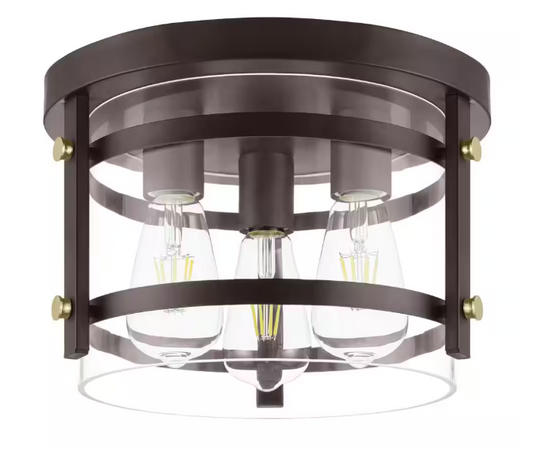 Hampton Bay Huxley 11.9 in. 3-Light Dark Bronze Flush Mount Ceiling Light with Clear Glass Shade
