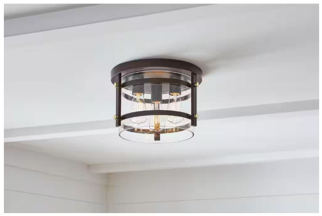 Hampton Bay Huxley 11.9 in. 3-Light Dark Bronze Flush Mount Ceiling Light with Clear Glass Shade