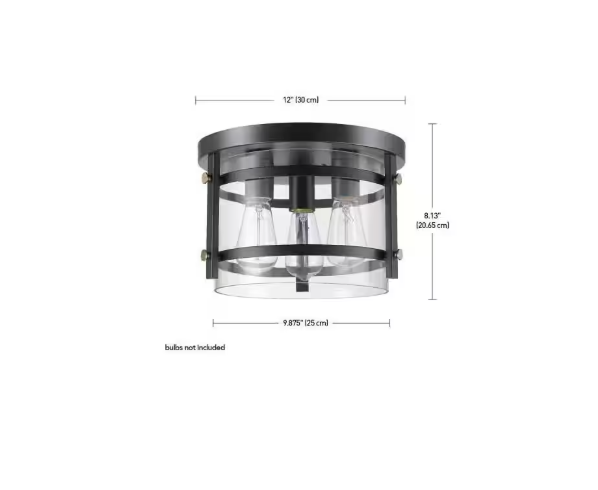 Hampton Bay Huxley 11.9 in. 3-Light Dark Bronze Flush Mount Ceiling Light with Clear Glass Shade
