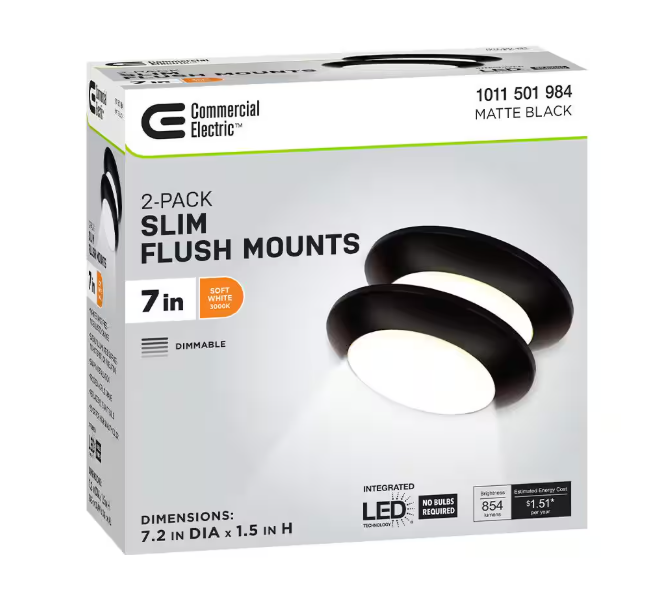 Commercial Electric 7 in. Matte Black Slim LED Flush Mount 854 Lumens Soft White 3000K Indoor Bedroom Closet Kitchen Lighting (2-Pack)