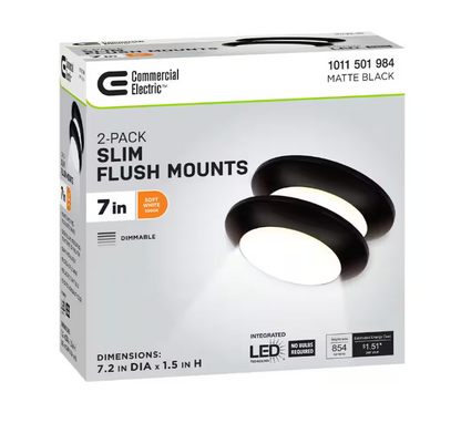 Commercial Electric 7 in. Matte Black Slim LED Flush Mount 854 Lumens Soft White 3000K Indoor Bedroom Closet Kitchen Lighting (2-Pack)