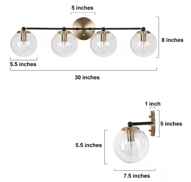 Zevni Modern DIY Vanity Light, 30 in. 4-Light Brass Gold Bathroom Vanity Light, Transitional Globe Seeded Glass Bath Light