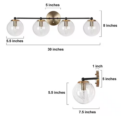 Zevni Modern DIY Vanity Light, 30 in. 4-Light Brass Gold Bathroom Vanity Light, Transitional Globe Seeded Glass Bath Light