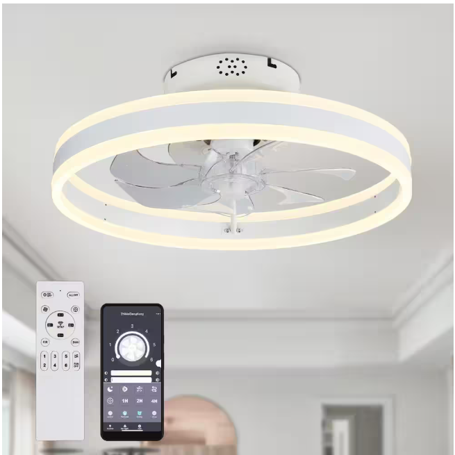 Oaks Aura 20 in. Integrated LED Indoor White Low Profile Ceiling Fan with Lights, Flush Mount Smart App Remote Control Ceiling Fan