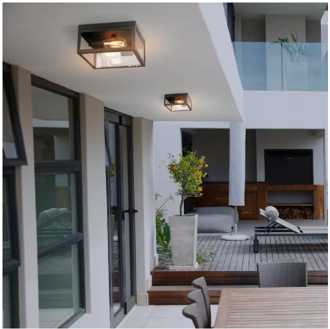 Hampton Bay Hurley Modern 2 -Light Matte Black Outdoor Flush Mount Ceiling Light