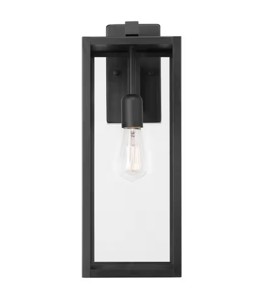 Hampton Bay Hurley 19.25 in. Matte Black Farmhouse Outdoor 1-Light Wall Sconce with Clear Glass Shade