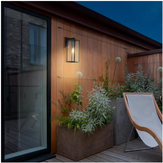Hampton Bay Hurley 19.25 in. Matte Black Farmhouse Outdoor 1-Light Wall Sconce with Clear Glass Shade
