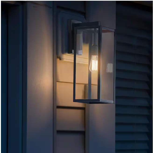 Hampton Bay Hurley 19.25 in. Matte Black Farmhouse Outdoor 1-Light Wall Sconce with Clear Glass Shade