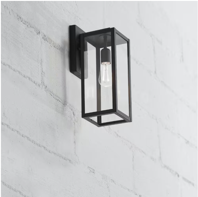 Hampton Bay Hurley 19.25 in. Matte Black Farmhouse Outdoor 1-Light Wall Sconce with Clear Glass Shade