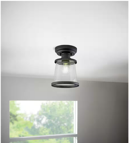 Hampton Bay Rigby 9.6 in. 1-Light Matte Black Round Flush Mount, Farmhouse Ceiling Light