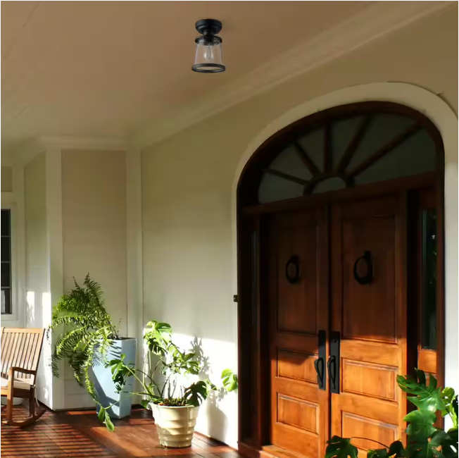 Hampton Bay Rigby 9.6 in. 1-Light Matte Black Round Flush Mount, Farmhouse Ceiling Light