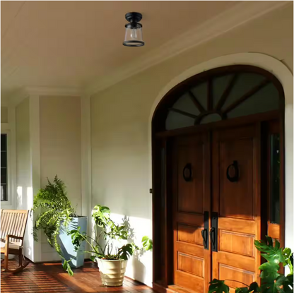 Hampton Bay Rigby 9.6 in. 1-Light Matte Black Round Flush Mount, Farmhouse Ceiling Light