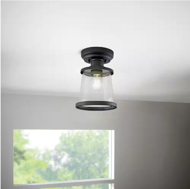 Hampton Bay Rigby 9.6 in. 1-Light Matte Black Round Flush Mount, Farmhouse Ceiling Light