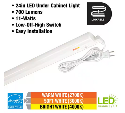 Commercial Electric Plug-In 24 inch Linkable LED Undercabinet Light Task Under Counter Kitchen Lighting 3 Color Temperature Options