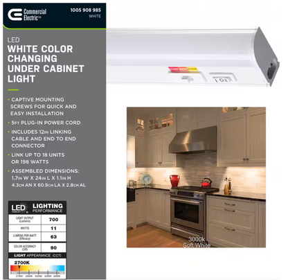 Commercial Electric Plug-In 24 inch Linkable LED Undercabinet Light Task Under Counter Kitchen Lighting 3 Color Temperature Options