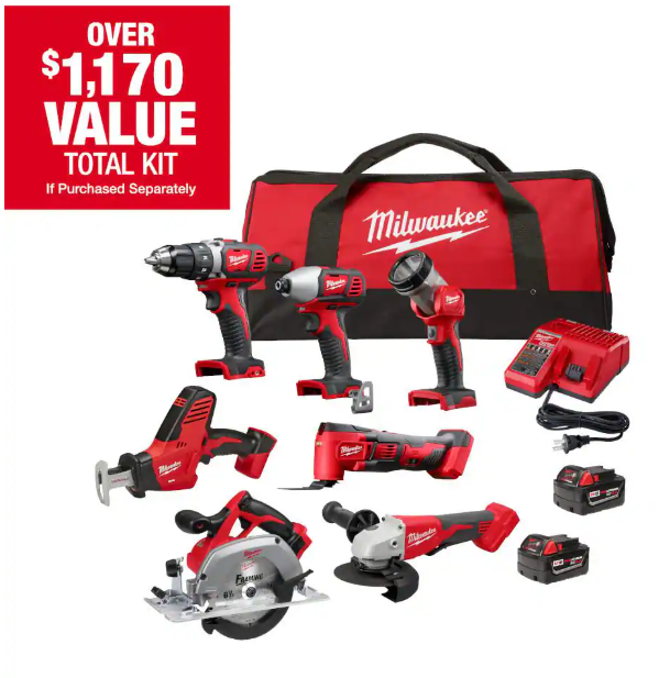 Milwaukee M18 18-Volt Lithium-Ion Cordless Combo Kit 7-Tool with 2-Batteries, Charger and Tool Bag