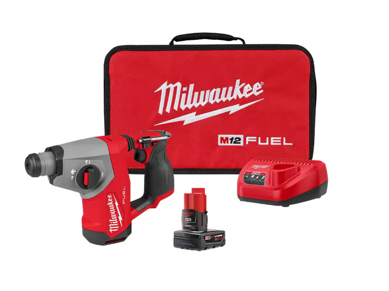 Milwaukee M12 FUEL 12V Lithium-Ion Brushless Cordless 5/8 in. SDS Plus Rotary Hammer Kit with One 4.0Ah Battery and Bag