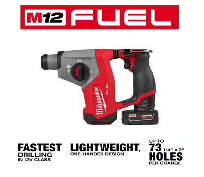 Milwaukee M12 FUEL 12V Lithium-Ion Brushless Cordless 5/8 in. SDS Plus Rotary Hammer Kit with One 4.0Ah Battery and Bag