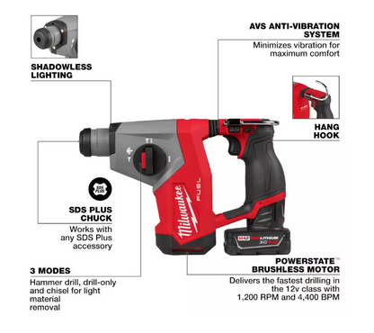 Milwaukee M12 FUEL 12V Lithium-Ion Brushless Cordless 5/8 in. SDS Plus Rotary Hammer Kit with One 4.0Ah Battery and Bag