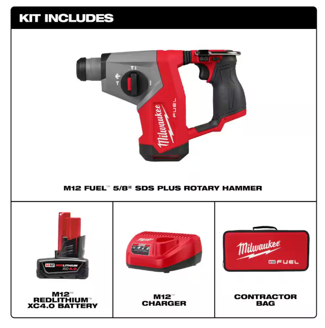 Milwaukee M12 FUEL 12V Lithium-Ion Brushless Cordless 5/8 in. SDS Plus Rotary Hammer Kit with One 4.0Ah Battery and Bag