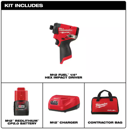 Milwaukee M12 FUEL 12-Volt Lithium-Ion Brushless Cordless 1/4 in. Hex Impact Driver Compact Kit W 2.0Ah Battery and Bag