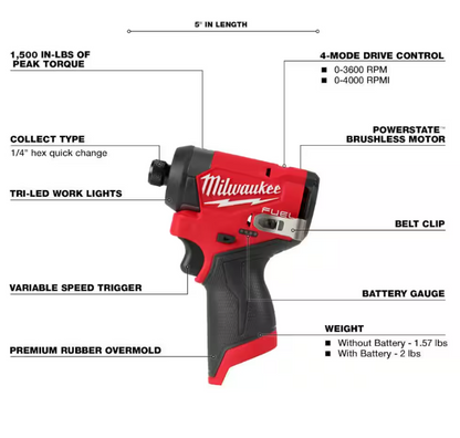 Milwaukee M12 FUEL 12-Volt Lithium-Ion Brushless Cordless 1/4 in. Hex Impact Driver Compact Kit W 2.0Ah Battery and Bag