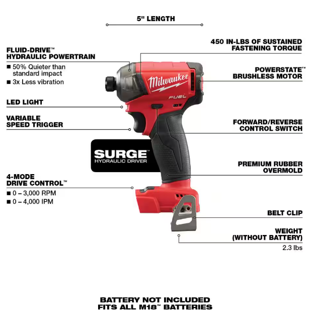 Milwaukee M18 FUEL SURGE 18V Lithium-Ion Brushless Cordless 1/4 in. Hex Impact Driver (Tool-Only)