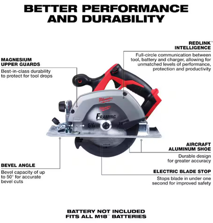 Milwaukee M18 18V Lithium-Ion Cordless 6-1/2 in. Circular Saw with Blade (Tool-Only)