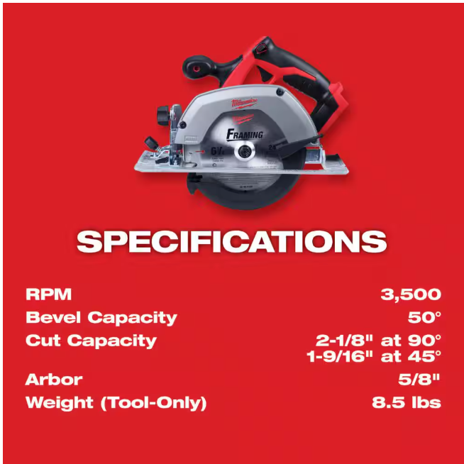Milwaukee M18 18V Lithium-Ion Cordless 6-1/2 in. Circular Saw with Blade (Tool-Only)