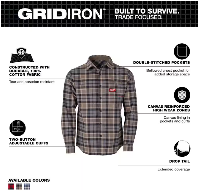 Milwaukee Men's Large Gray GRIDIRON Flannel Shirt