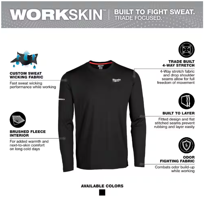 Milwaukee Men's Large Black Workskin Thermal Underwear Crew Neck Base Layer