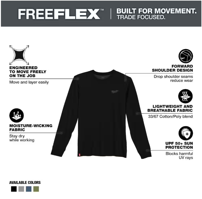 Milwaukee Men's 2X-Large Black Cotton/Polyester Long-Sleeve Hybrid Work T-Shirt