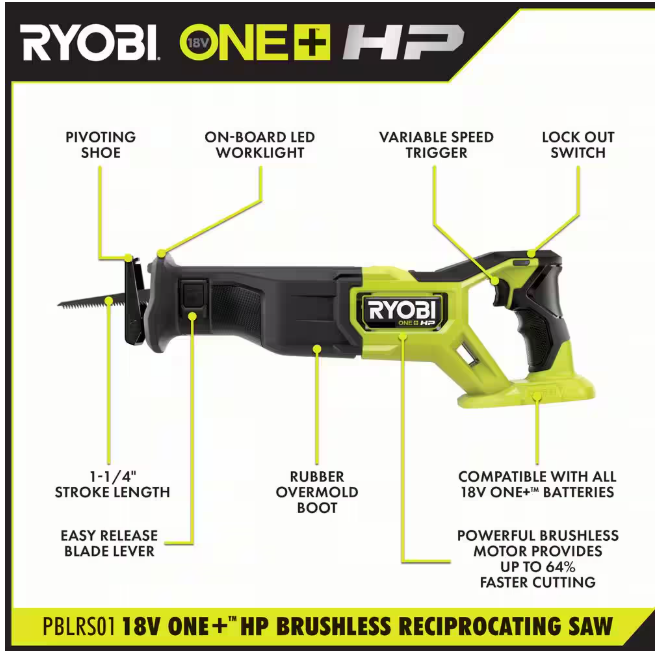 RYOBI ONE+ HP 18V Brushless Cordless Reciprocating Saw (Tool Only)