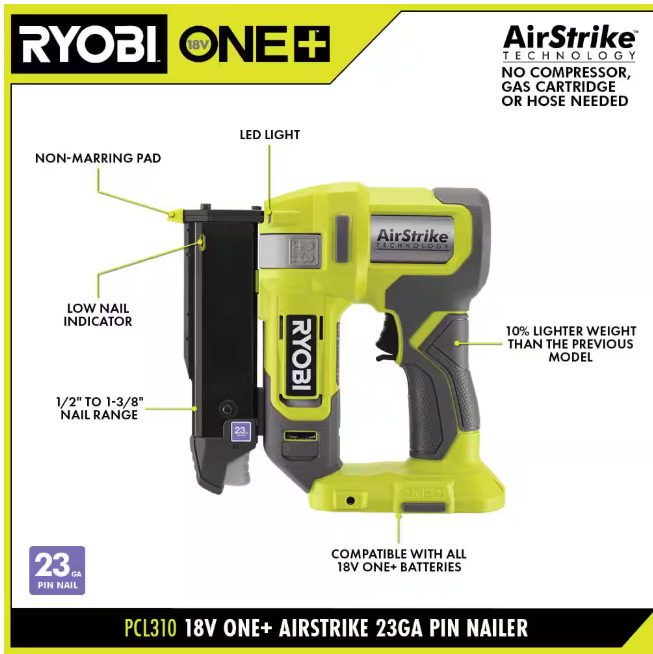 RYOBI ONE+ 18V Cordless Airstrike 23-Gauge Pin Nailer (Tool Only)
