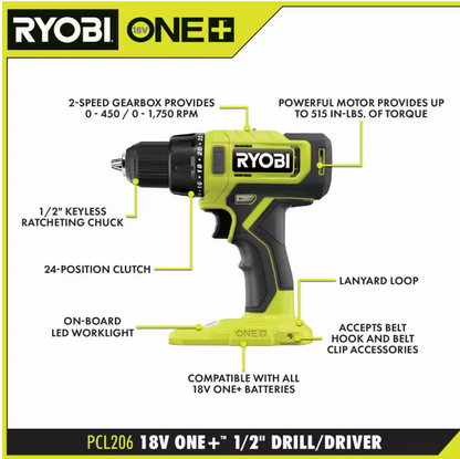 RYOBI ONE+ 18V Cordless 1/2 in. Drill/Driver Kit with (1) 1.5 Ah Battery and Charger