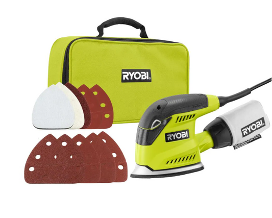 RYOBI 1.2 Amp Corded 5.5 in. Corner Cat Sander with Dust Bag, Sample Sandpaper, and Storage Case