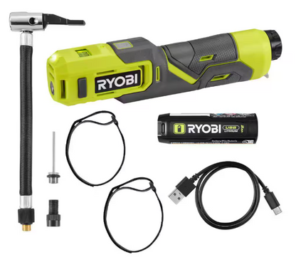 RYOBI USB Lithium Cordless High Pressure Portable Inflator Kit with 2.0 Ah USB Lithium Battery and Charging Cable