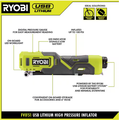 RYOBI USB Lithium Cordless High Pressure Portable Inflator Kit with 2.0 Ah USB Lithium Battery and Charging Cable