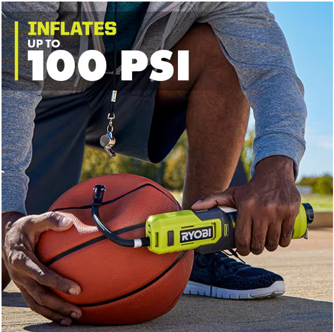 RYOBI USB Lithium Cordless High Pressure Portable Inflator Kit with 2.0 Ah USB Lithium Battery and Charging Cable