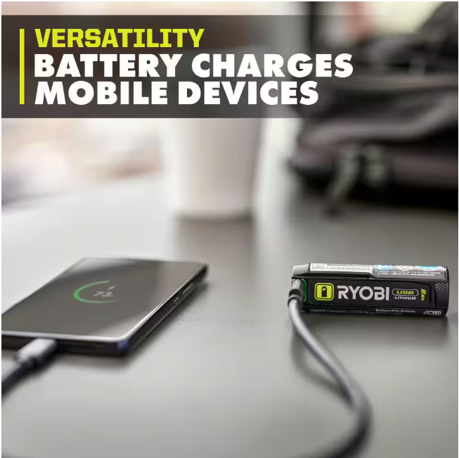 RYOBI USB Lithium Cordless High Pressure Portable Inflator Kit with 2.0 Ah USB Lithium Battery and Charging Cable