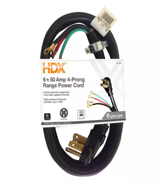 HDX 6 ft. 6/4 50 Amp 4-Prong Range Power Cord, Black