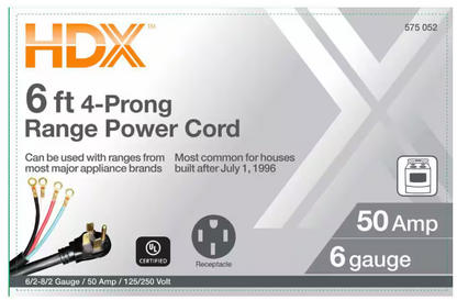 HDX 6 ft. 6/4 50 Amp 4-Prong Range Power Cord, Black