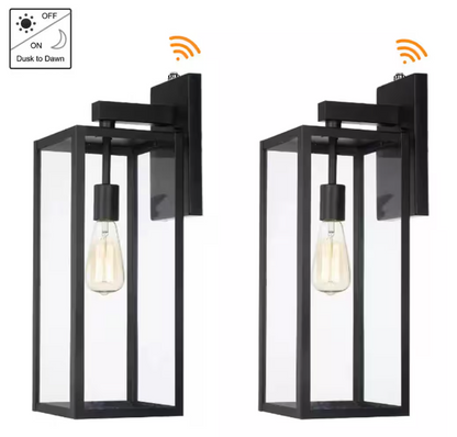 Hukoro Martin 21 in. 1-Light Matte Black Hardwired Outdoor Wall Lantern Sconce with Dusk to Dawn (2-Pack）