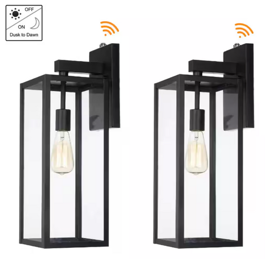 Hukoro Martin 21 in. 1-Light Matte Black Hardwired Outdoor Wall Lantern Sconce with Dusk to Dawn (2-Pack）