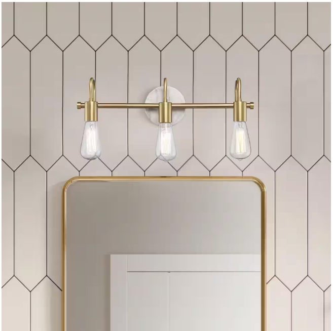 Hampton Bay Hensley 21 in. 3-Light Gold and Faux Marble Bathroom Vanity Light Fixture