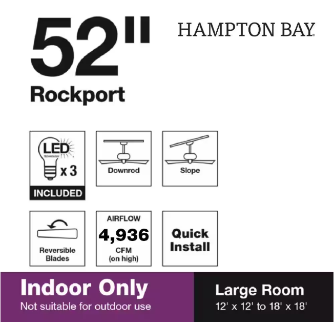Hampton Bay Rockport 52 in. Indoor LED Brushed Nickel Ceiling Fan with Light Kit, Downrod, Reversible Blades and Reversible Motor