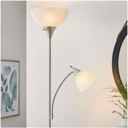 Hampton Bay 70 in. Brushed Nickel Mother Daughter 2-Light Torchiere Floor Lamp with Plastic Shade